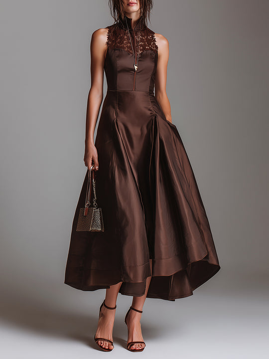 Elegant Shiny Satin And Lace Patchwork Sleeveless Midi Dress