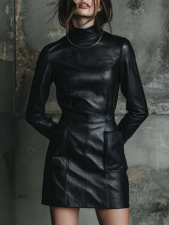 Retro Eco-friendly Leather Stand-up Collar Patch Pocket Mini Dress