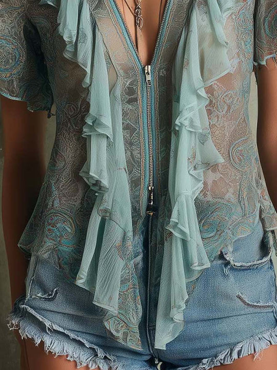 Bohemia Sage Paisley Lace Ruffle Blouse
