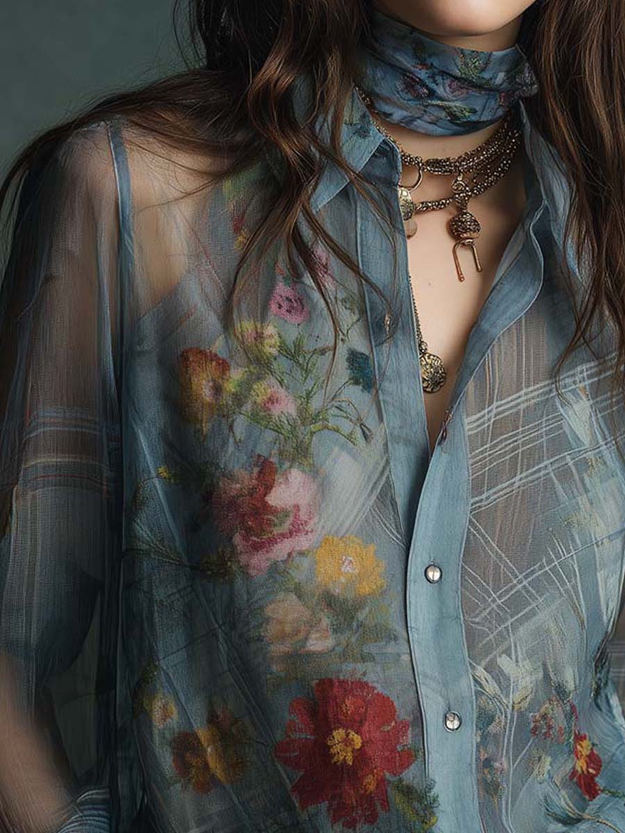Vintage Boho Sheer Floral Button-Up Blouse