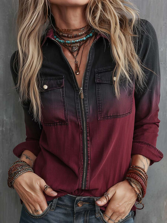 Retro Black And Red Gradient Zipper Denim Blouse
