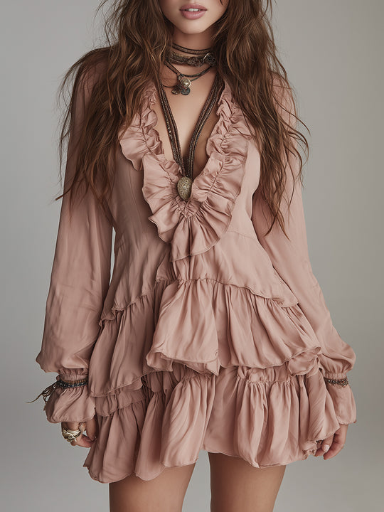 Bohemian Style Poplin Mini Dress With Ruffled Details