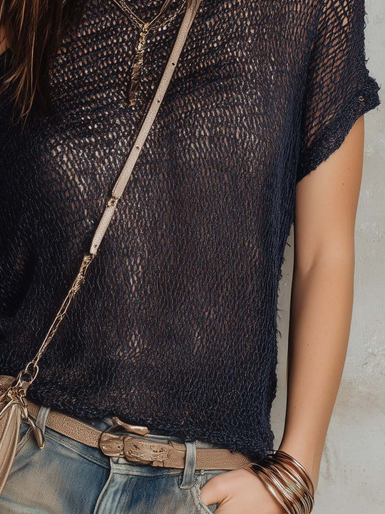 Retro Irregular Cold-shoulder Knit Blouse