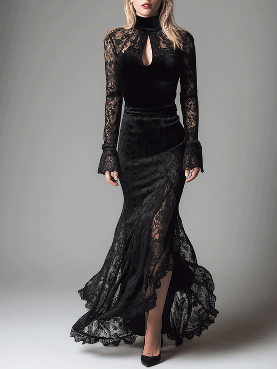 Elegant Lace-Sleeved Velvet Evening Maxi Dress