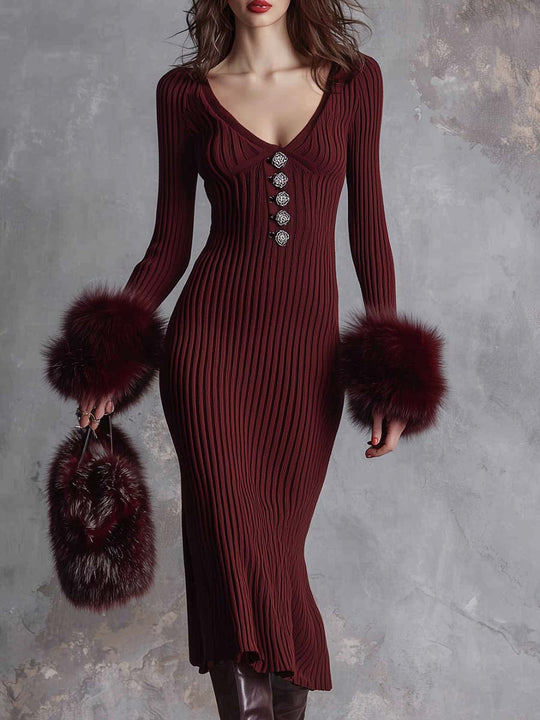 Ribbed Knit Midi Dress With Statement Buttons And Faux Fur Cuffs – Wine Red
