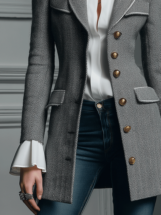 Classic Grey Houndstooth Wool Long Coat