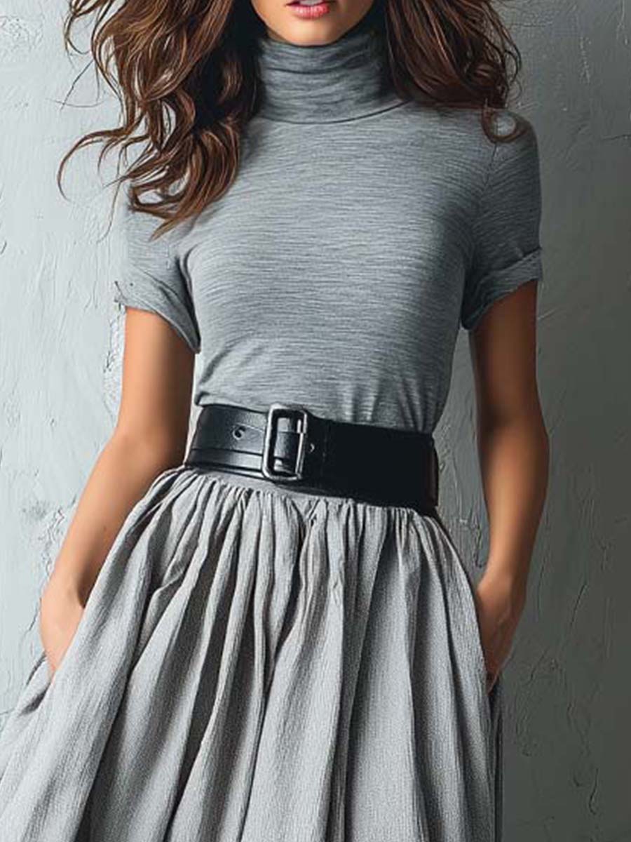 High-Neck Knit & Textured Skirt Spliced Maxi Dress