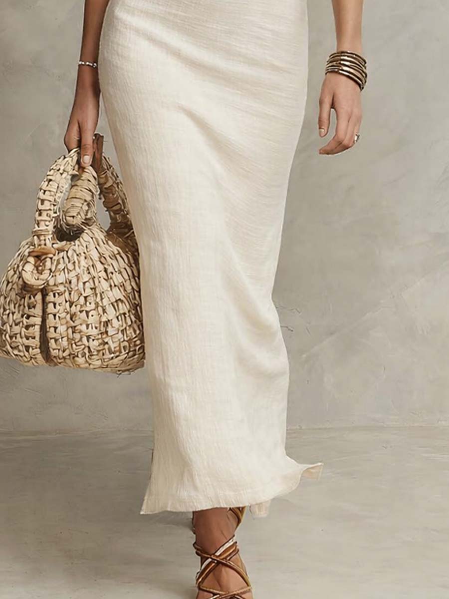 Retro Stand V Neck Cotton Linen Midi Dress