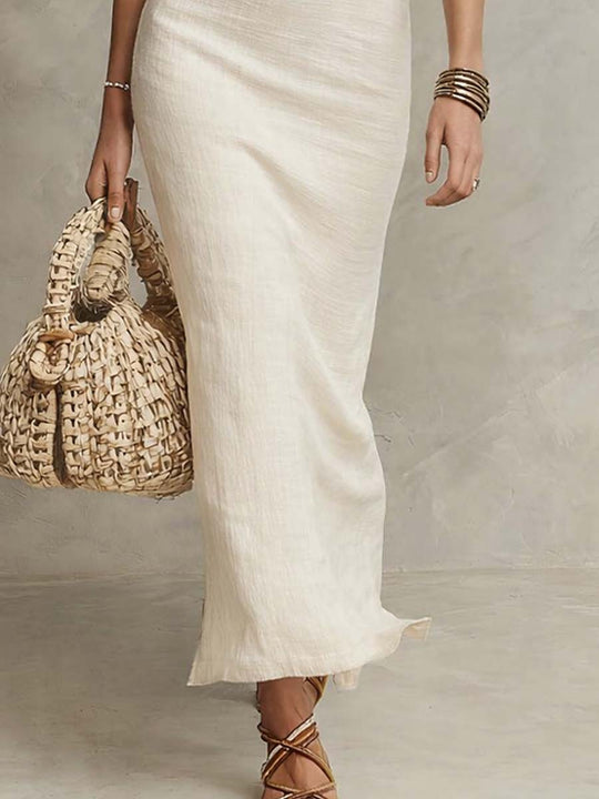 Retro Stand V Neck Cotton Linen Midi Dress