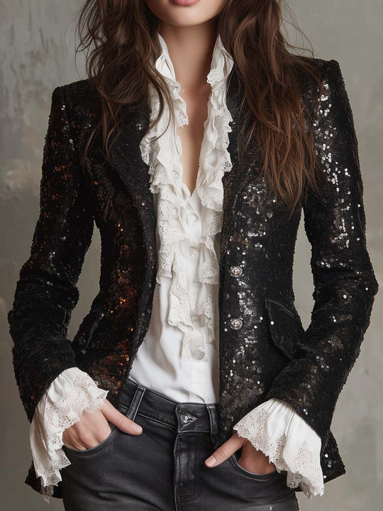 Retro Sequined Metal Button Blazer