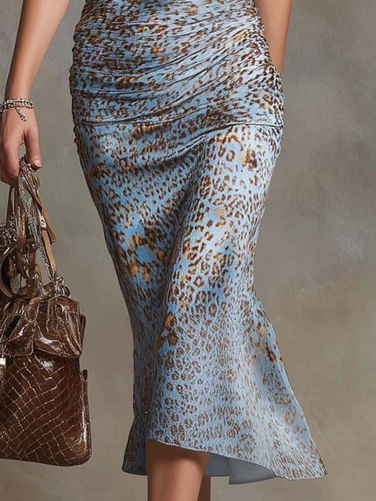 Sky Blue Leopard-Print Stretch Satin Halter Midi Dress