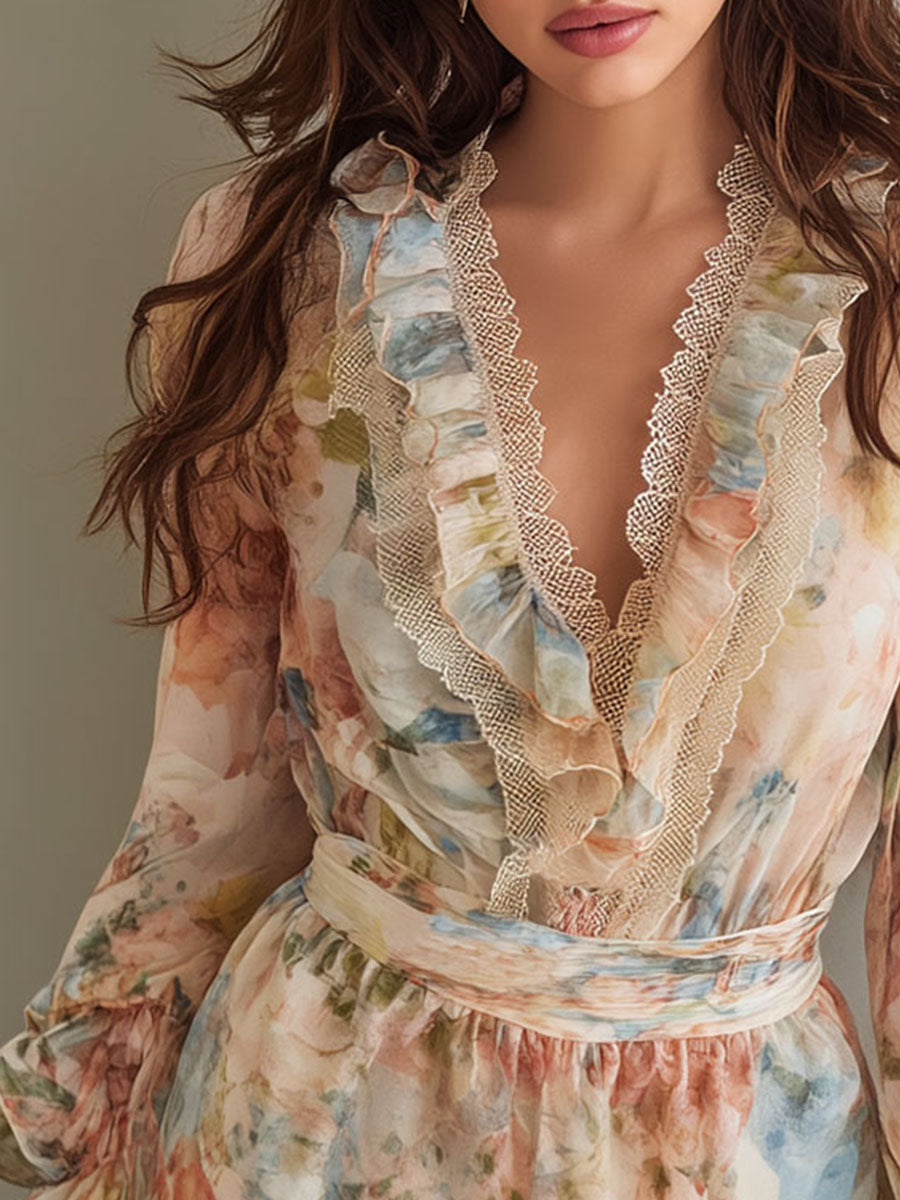 Floral Chiffon Ruffle Romper – Lace-Trimmed V-Neck & Long Sheer Sleeves