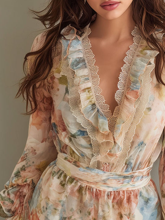Floral Chiffon Ruffle Romper – Lace-Trimmed V-Neck & Long Sheer Sleeves