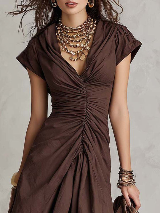 Vintage Boho Ruched Cotton Knit Midi Dress