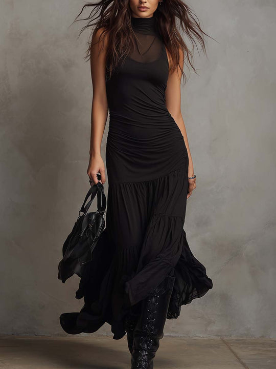 Vintage Sheer Neck Flare Hem Midi Dress