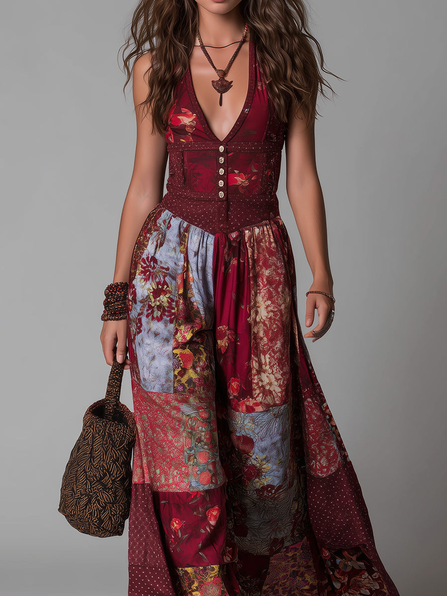 Boho Ethnic Print V-neck Button Decoration Maxi Dress