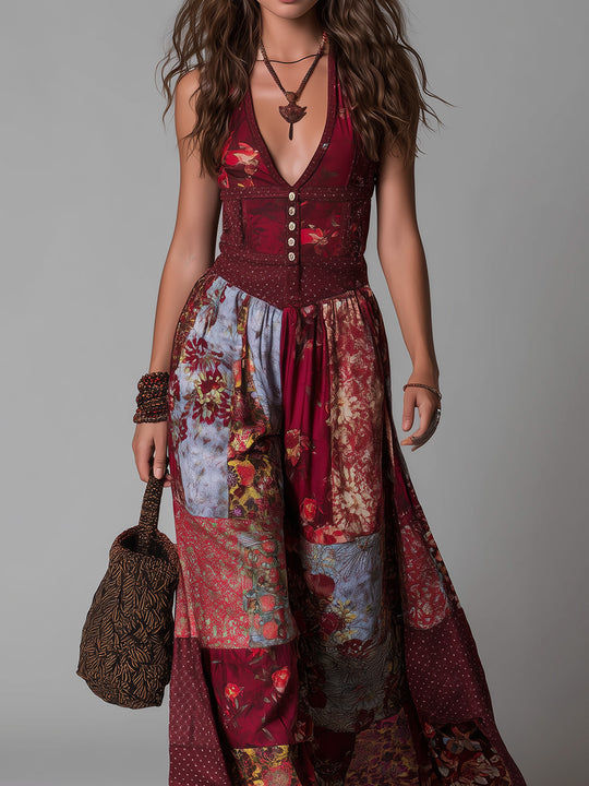 Boho Ethnic Print V-neck Button Decoration Maxi Dress