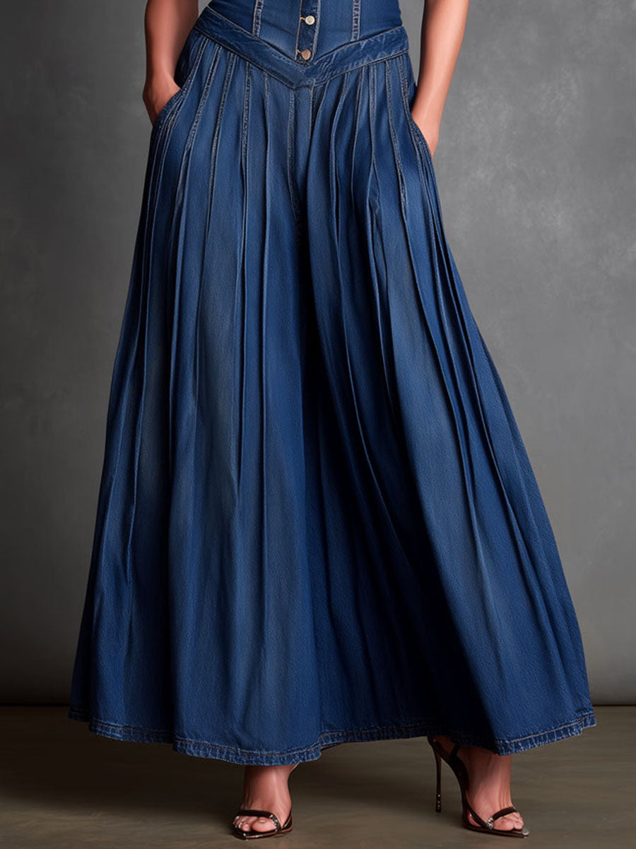 Retro Denim Pleated Skirt Halter Maxi Dress