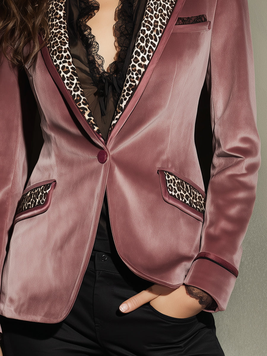 Quiet Luxury Leopard Print Splicing Polyester Velvet Slim Fit Blazer