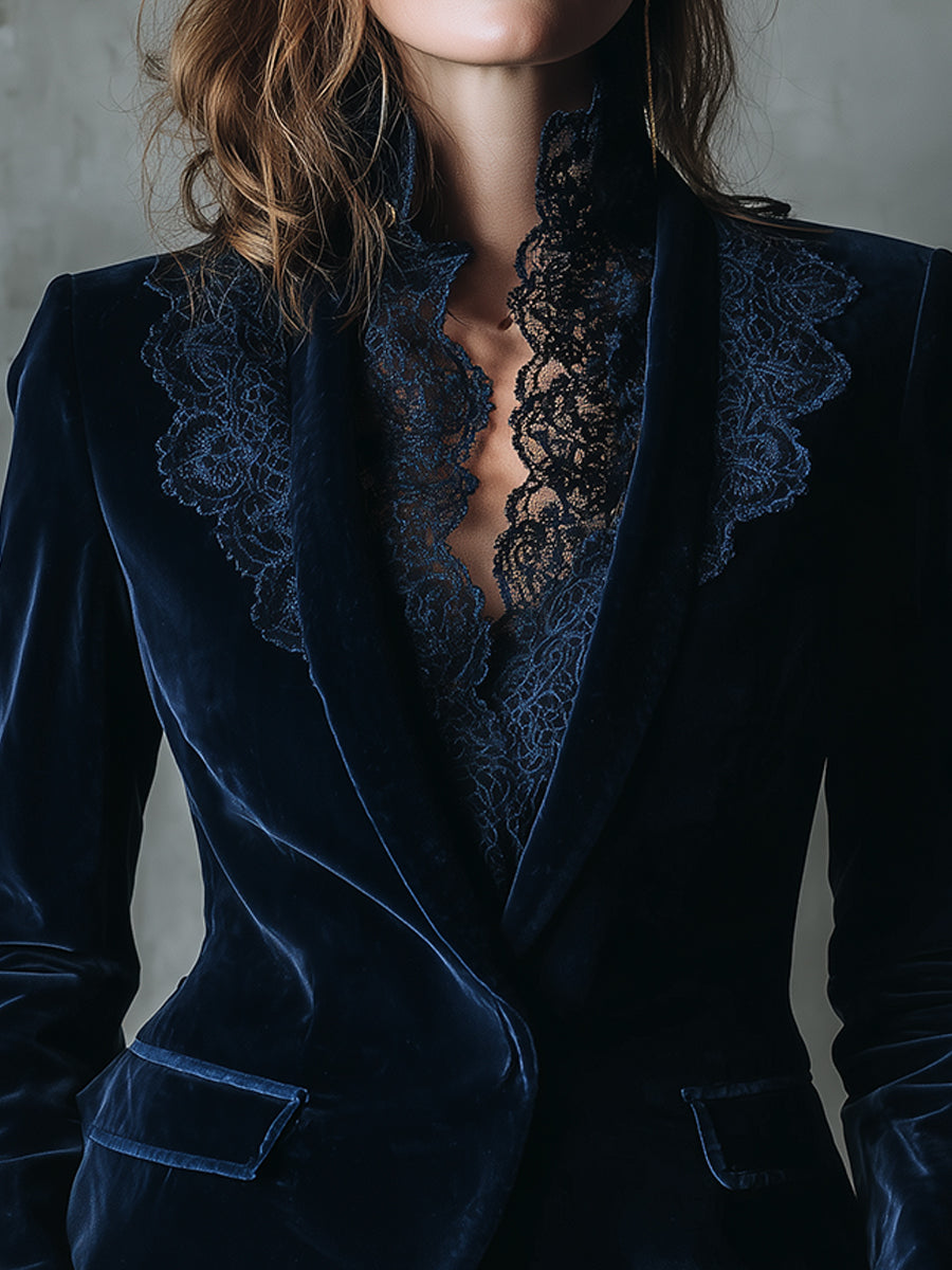 Quiet Luxury Lace Splicing Polyester Velvet Blazer