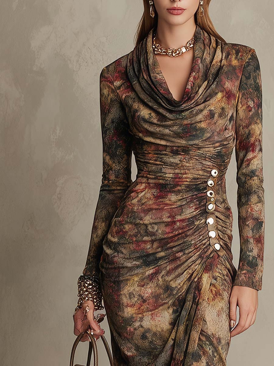 Vintage Floral Cowl Neck Metal Button Waist Midi Dress