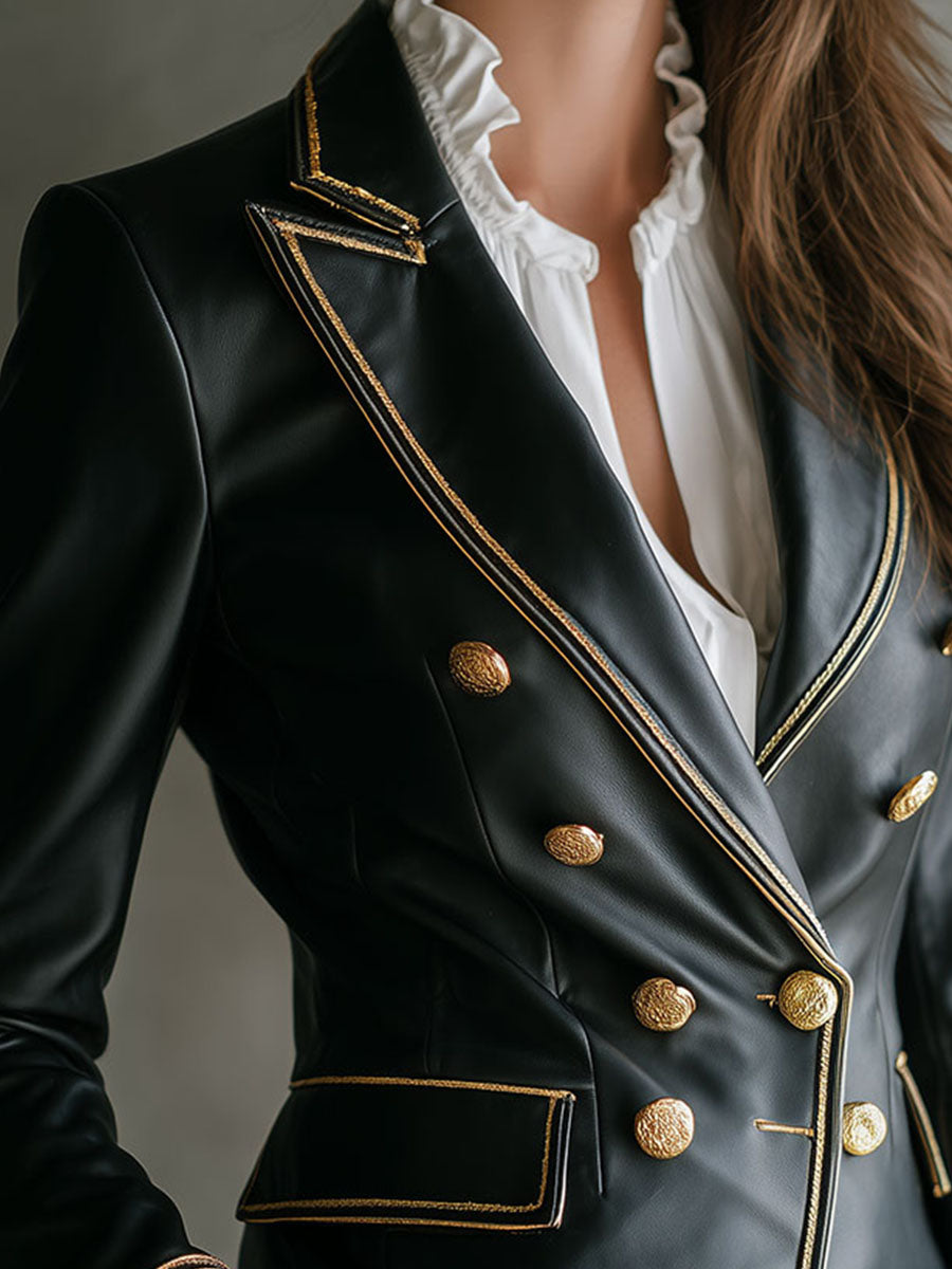 Vintage Black Faux Leather Military Blazer With Gold Trim