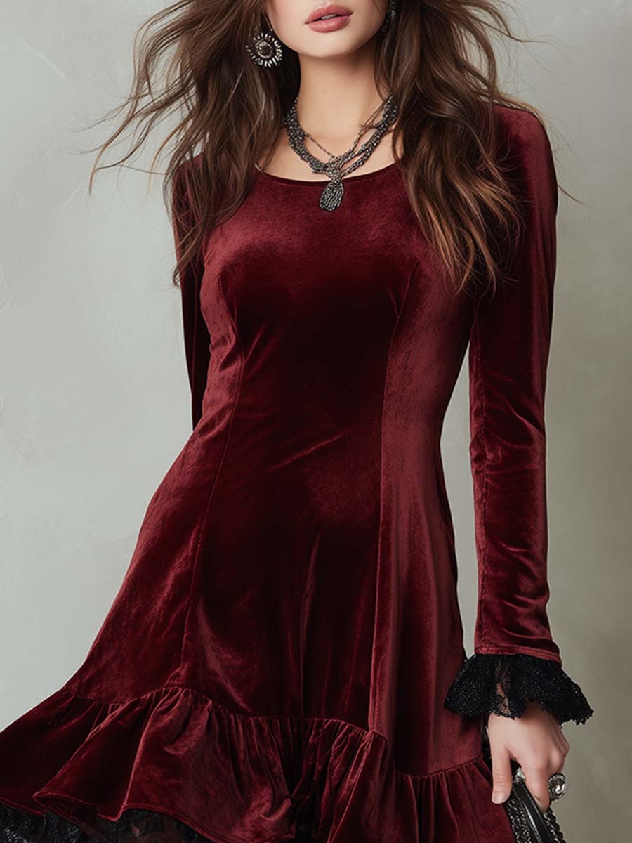 Retro Contrast Lace Trim Flare Hem Polyester Velvet Midi Dress