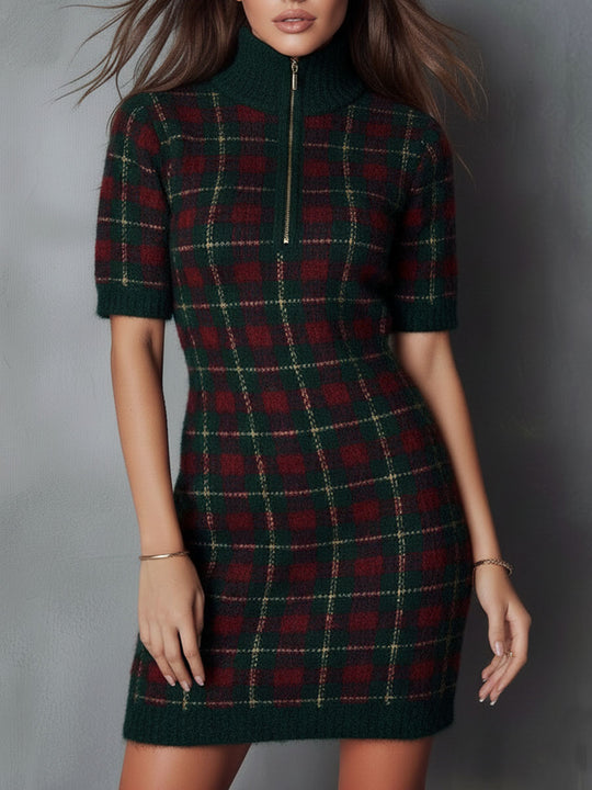 Classic Forest Green & Burgundy Plaid Knit Zip-Neck Mini Dress