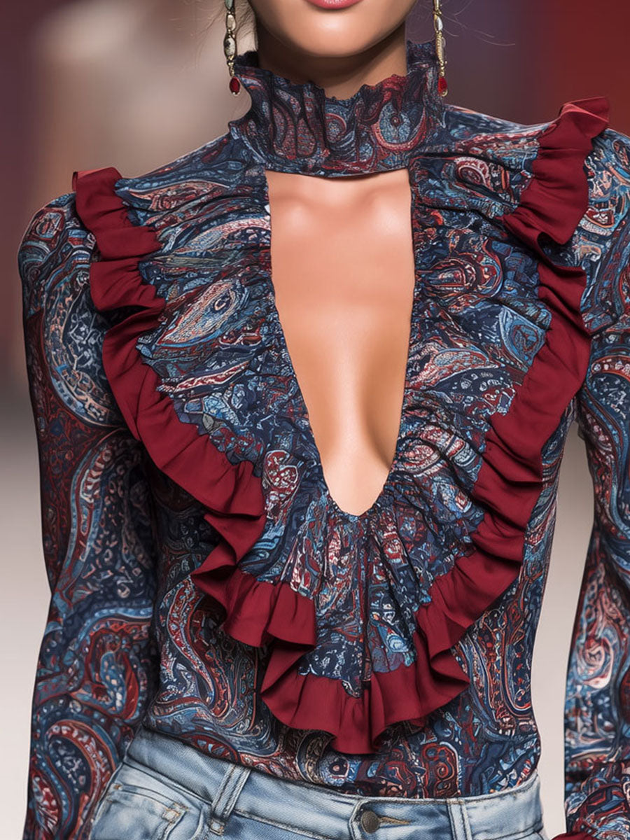 Romantic Boh Deep V-Neck Paisley Ruffled Chiffon Blouse