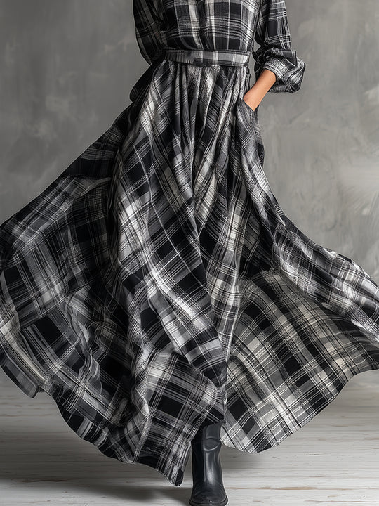 Bohemian Plaid Cotton Blend Shirt Maxi Dress