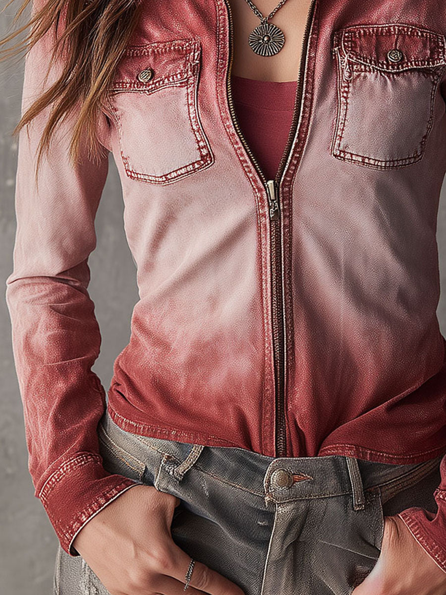 Casual Gradient Wash Faded Red Ombre Zip-Up Denim Shirt