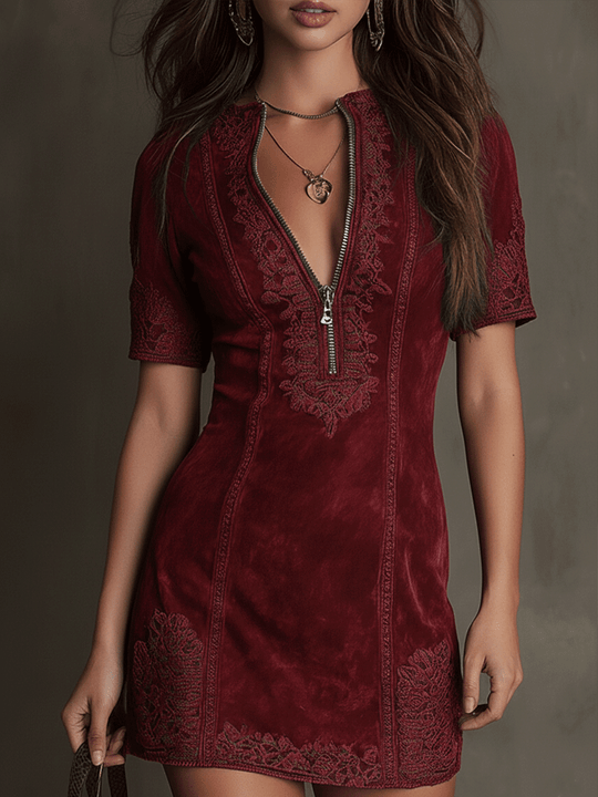 Vintage V-Neck Burgundy Suede Lace-Trim Mini Dress