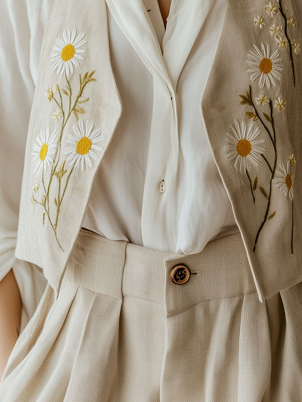 V-neck Daisy Embroidery Cotton and Linen Vest