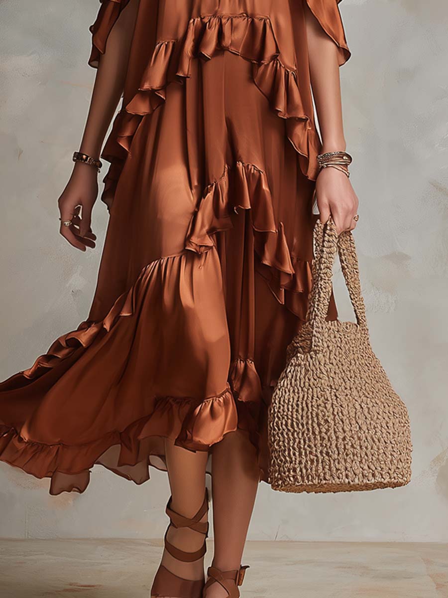 Retro Cold-shoulder Layered Ruffle Polyester Satin Midi Dress