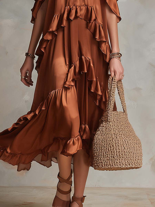 Retro Cold-shoulder Layered Ruffle Polyester Satin Midi Dress