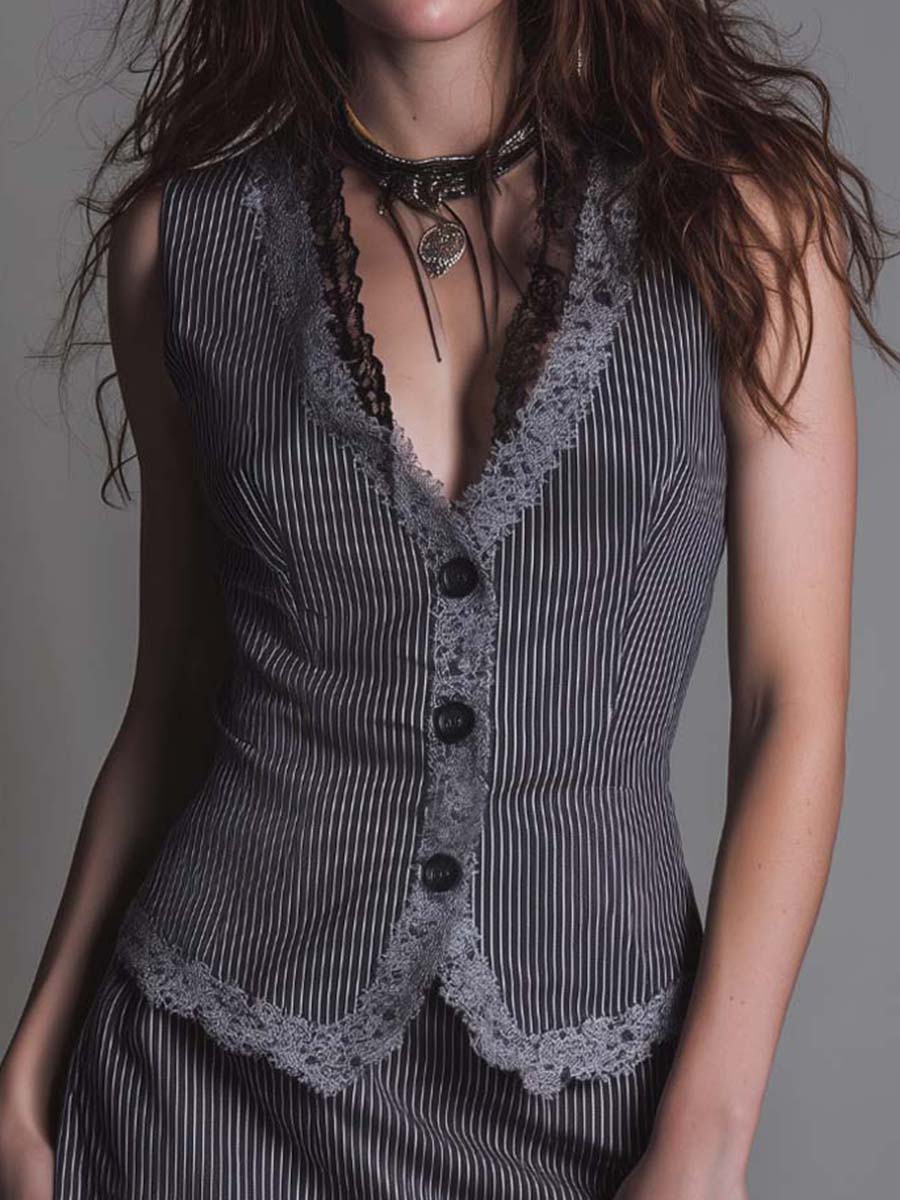 Pinstripe Lace-Trim Vest & Mini Skirt Set
