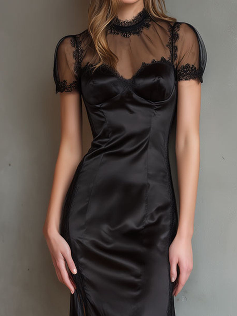 Black Satin & Sheer Short Sleeve Lace Gown Midi Dress