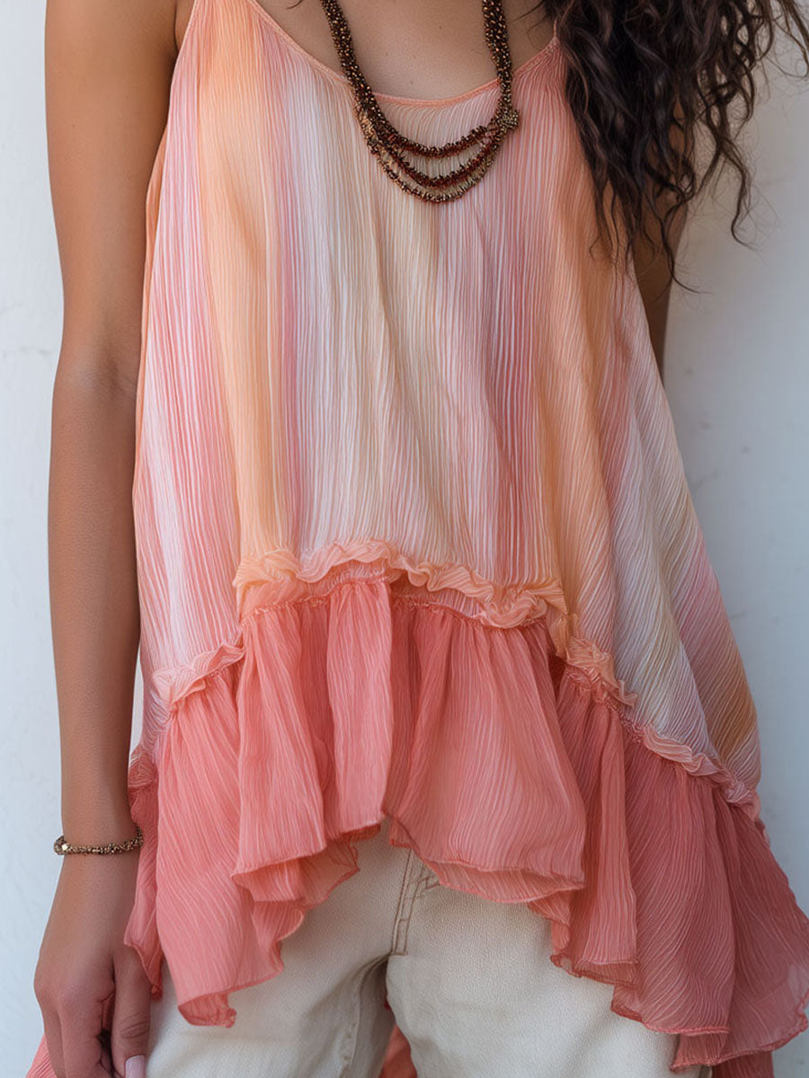 Boho Coral Sunrise Pleated Chiffon Cami Top With Ruffled Hem