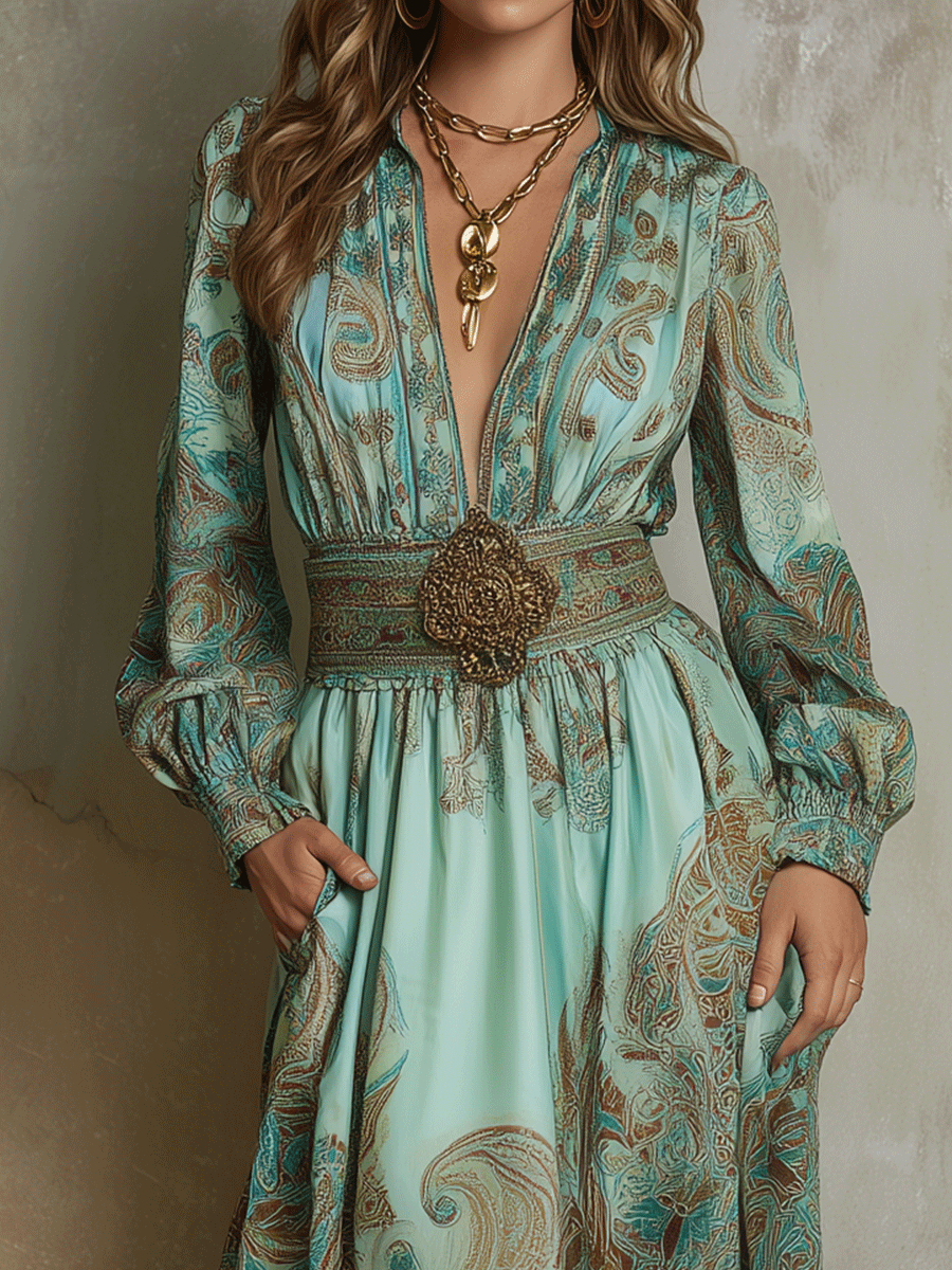 Vintage Boho Paisley Long-Sleeve Midi Dress
