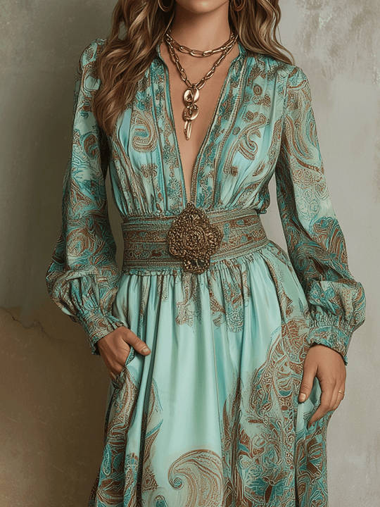 Vintage Boho Paisley Long-Sleeve Midi Dress
