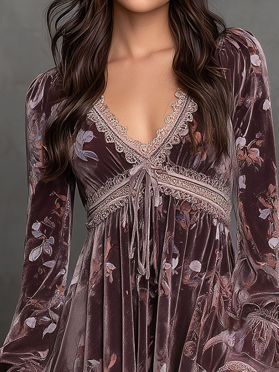 Boho Dusty Mauve Velvet Floral Mini Dress With Lace Trim