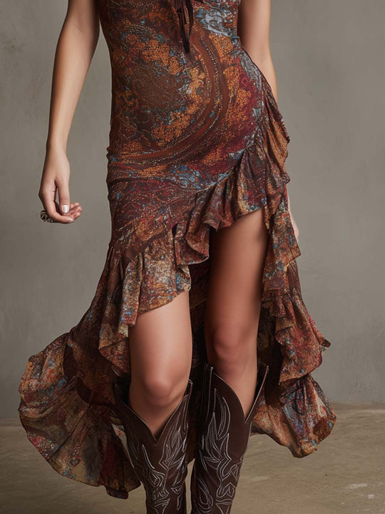 Retro Printed Ruffled Hem Midi Dress