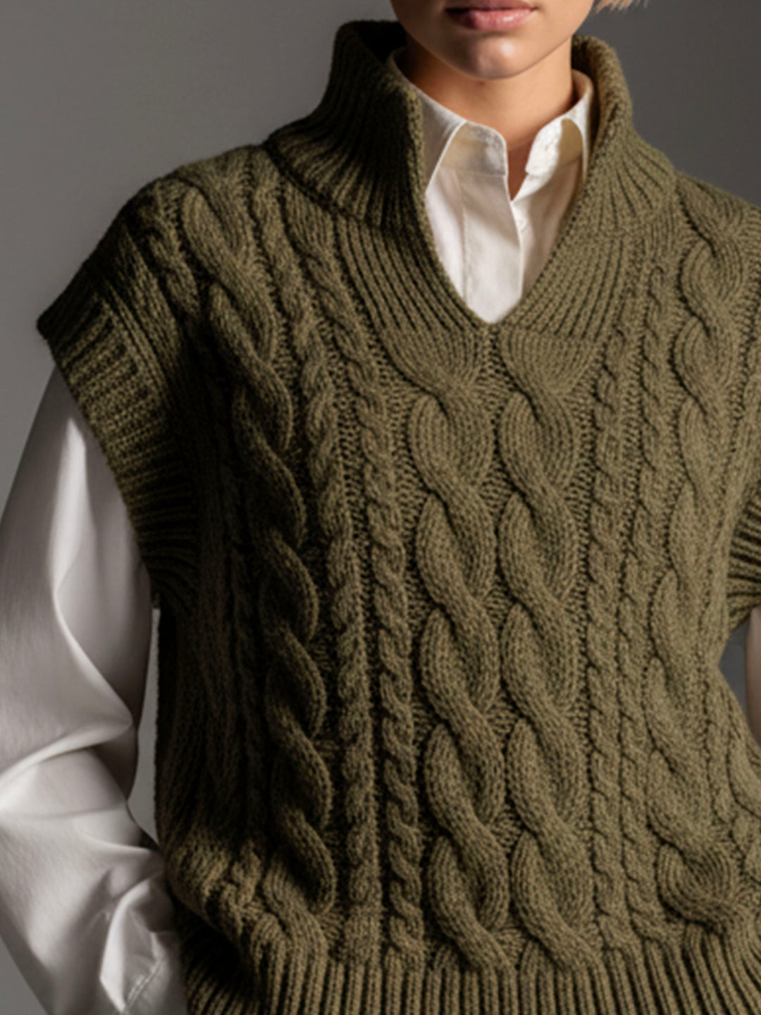 Stand V-neck Olive Green Cable Knit Sleeveless Sweater