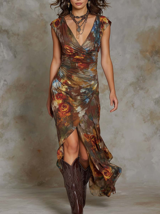 Retro Oil Painting Style Printed Drapped Midi Dress