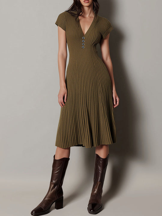 Elegant V-Neck Olive Ribbed Knit Midi Dress With Flared Hem