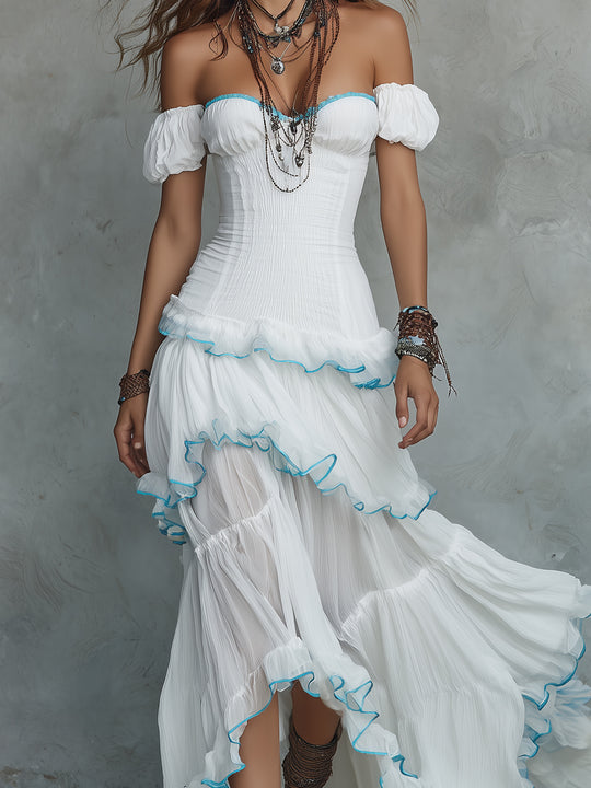 Bohemian Off-the-shoulder Chiffon Multi-layered Ruffle Maxi Dress