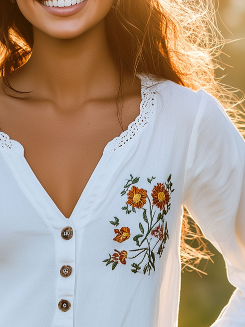 Elegant Lace Trim Flower Embroidery Henley Shirt