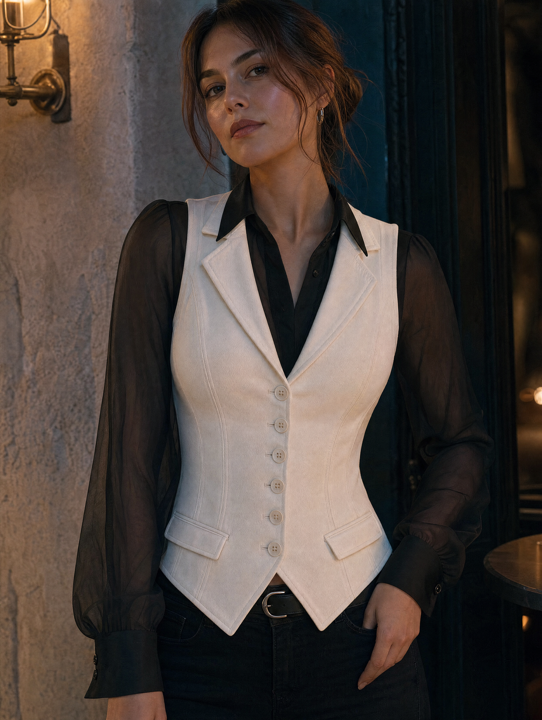 Retro Elegant White Denim Notched Lapel Tailored Corset Vest