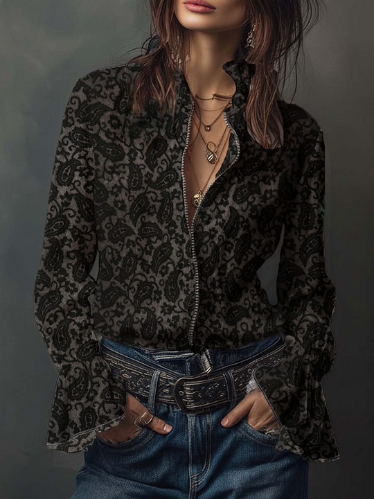 Retro Paisley Printed Zipper Decorate Blouse