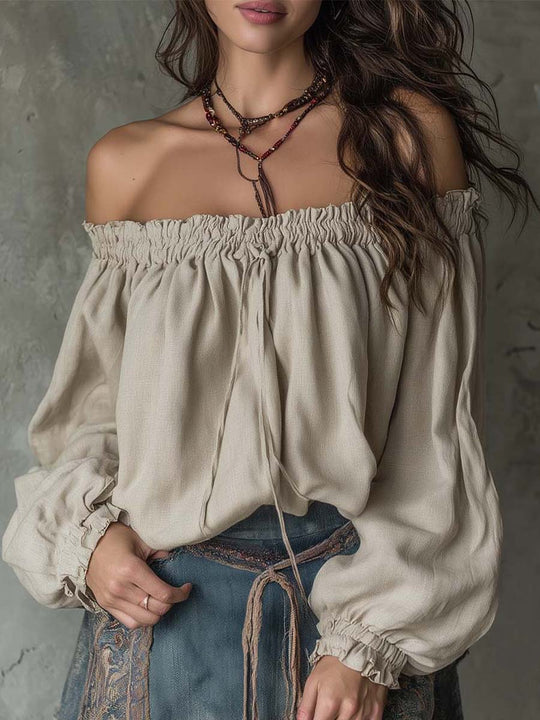 Natural Texture Off-Shoulder Drawstring Blouse